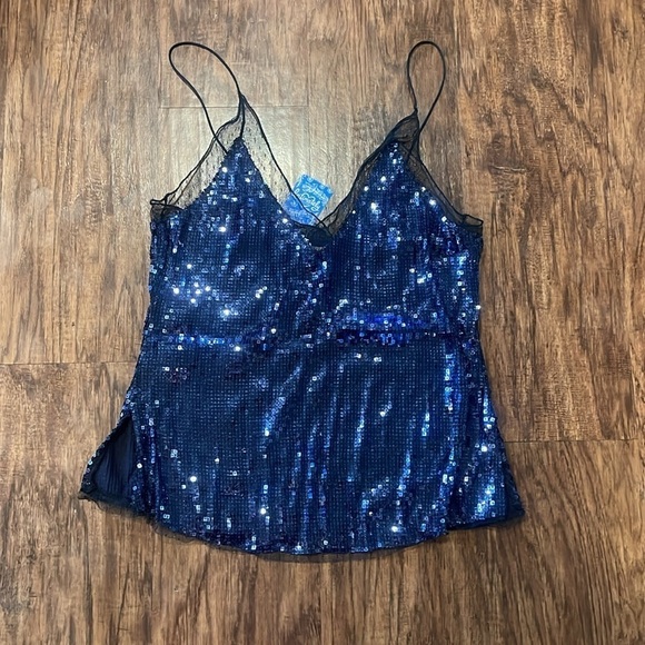 NWT Free People Women's Blue Sassy Sequin Tank Top Size S Lace V-Neck Intimately - Picture 4 of 14